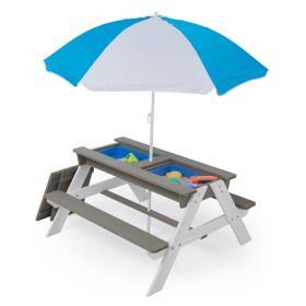 3-in-1 Kids Outdoor Wooden Picnic Table With Umbrella, Convertible Sand & Wate, Gray ASTM & CPSIA CERTIFICATION - as Pic