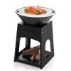 Patio Fire Pit with Firewood Log Rack with Grill and Ash Box - Black