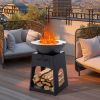 Patio Fire Pit with Firewood Log Rack with Grill and Ash Box - Black