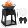 Patio Fire Pit with Firewood Log Rack with Grill and Ash Box - Black