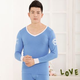 Men's tights Modal basic round neck thermal underwear set (Option: Light Blue-XL)