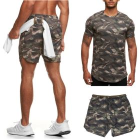 Two-Piece Short-Sleeved Suit Fitness Leisure Camouflage Sportswear (Option: Army Green-XXL)