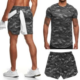 Two-Piece Short-Sleeved Suit Fitness Leisure Camouflage Sportswear (Option: Deep camouflage-L)