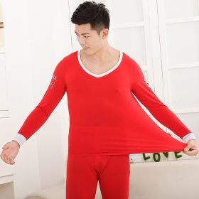 Men's tights Modal basic round neck thermal underwear set (Option: Red-M)