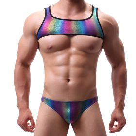 Men's tight rainbow tank top shorts (Option: Rainbow-L)